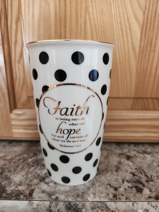 Other - White Polka Dot Faith Ceramic Tumbler with Gold Accents
